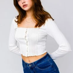Le Lis The Dear Jane White Scalloped Longsleeve Crop Tops