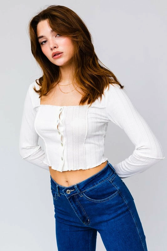 Le Lis The Dear Jane White Scalloped Longsleeve Crop Tops