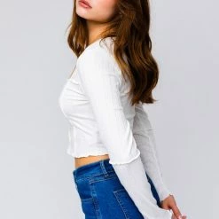 Le Lis The Dear Jane White Scalloped Longsleeve Crop Tops