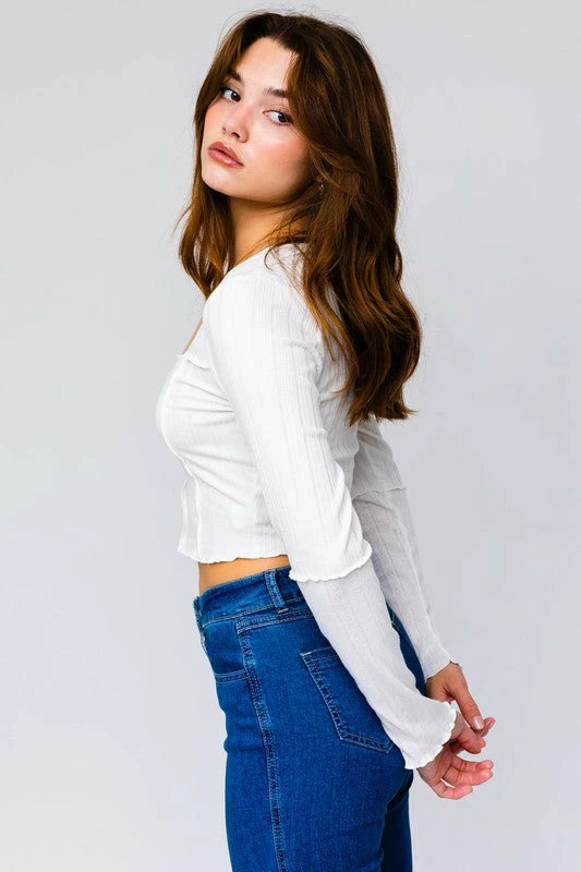Le Lis The Dear Jane White Scalloped Longsleeve Crop Tops