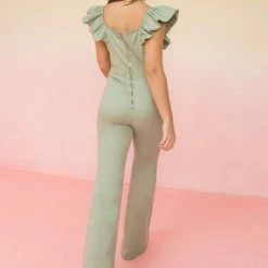 Flying Tomato Jumpsuits The Renna Sage Ruffle Cutout Denim Jumpsuit