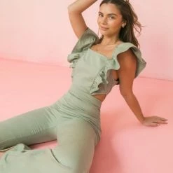Flying Tomato Jumpsuits The Renna Sage Ruffle Cutout Denim Jumpsuit