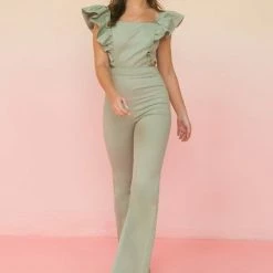Flying Tomato Jumpsuits The Renna Sage Ruffle Cutout Denim Jumpsuit