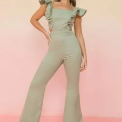 Flying Tomato Jumpsuits The Renna Sage Ruffle Cutout Denim Jumpsuit