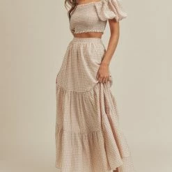 Mable The Tory Taupe Gingham Smocked Top & Tiered Maxi Skirt Set Tops