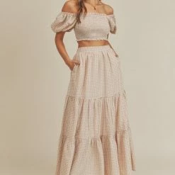 Mable The Tory Taupe Gingham Smocked Top & Tiered Maxi Skirt Set Tops