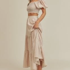 Mable The Tory Taupe Gingham Smocked Top & Tiered Maxi Skirt Set Tops