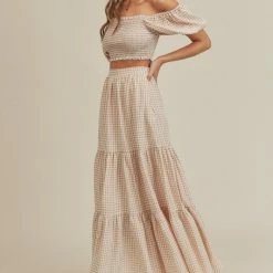 Mable The Tory Taupe Gingham Smocked Top & Tiered Maxi Skirt Set Tops