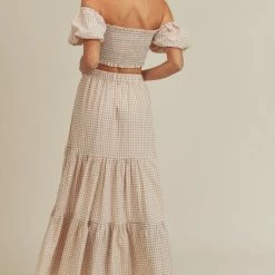 Mable The Tory Taupe Gingham Smocked Top & Tiered Maxi Skirt Set Tops