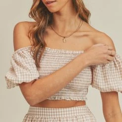 Mable The Tory Taupe Gingham Smocked Top & Tiered Maxi Skirt Set Tops