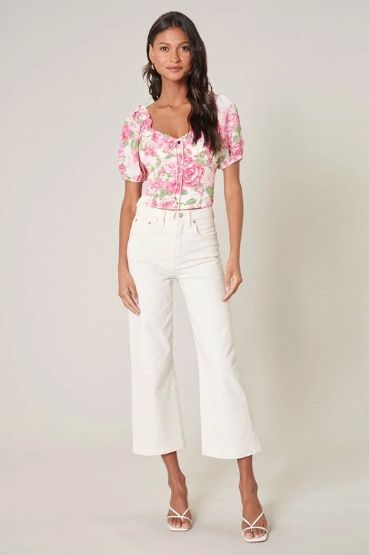 SugarLips Tops Truth Be Told Pink & Green Floral Print Puff Sleeve Crop Top