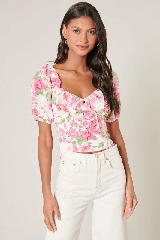 SugarLips Tops Truth Be Told Pink & Green Floral Print Puff Sleeve Crop Top