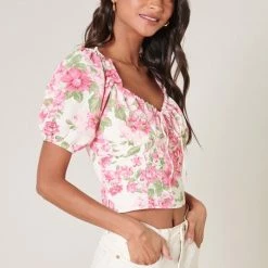 SugarLips Tops Truth Be Told Pink & Green Floral Print Puff Sleeve Crop Top