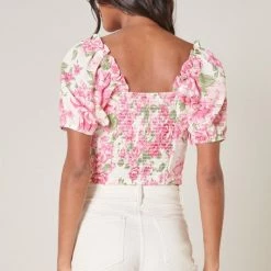 SugarLips Tops Truth Be Told Pink & Green Floral Print Puff Sleeve Crop Top