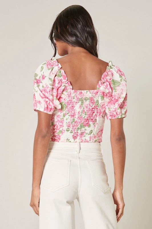 SugarLips Tops Truth Be Told Pink & Green Floral Print Puff Sleeve Crop Top