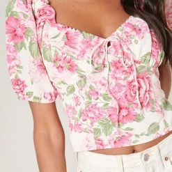 SugarLips Tops Truth Be Told Pink & Green Floral Print Puff Sleeve Crop Top