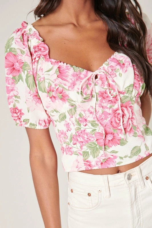SugarLips Tops Truth Be Told Pink & Green Floral Print Puff Sleeve Crop Top