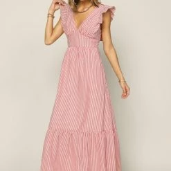 Skies Are Blue Dresses The Nantucket Coral Striped Poplin Maxi Dress