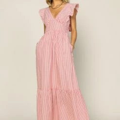 Skies Are Blue Dresses The Nantucket Coral Striped Poplin Maxi Dress