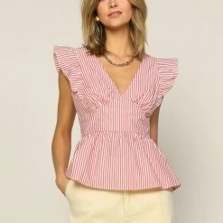 Skies Are Blue Tops The Yacht Club Coral Striped Poplin Top