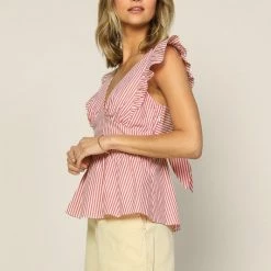 Skies Are Blue Tops The Yacht Club Coral Striped Poplin Top