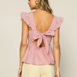 Skies Are Blue Tops The Yacht Club Coral Striped Poplin Top