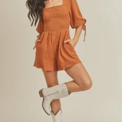 Lush Clothing The Camille Clay Smocked Back-Tie Romper