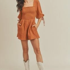 Lush Clothing The Camille Clay Smocked Back-Tie Romper