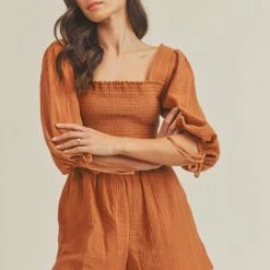 Lush Clothing The Camille Clay Smocked Back-Tie Romper