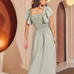 MIOU MUSE The Savannah Sage Green Smocked Textured Midi Dresses