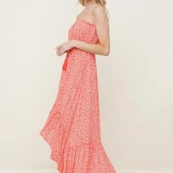 In The Beginning Clothing The Ruthie Red Floral High Low Strapless Maxi Dress