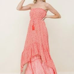 In The Beginning Clothing The Ruthie Red Floral High Low Strapless Maxi Dress