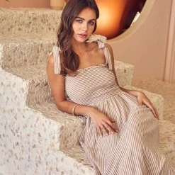 MIOU MUSE Dresses The Mika Mocha Striped Tie Shoulder Maxi Dress