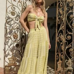 Illa Illa Tops The Leyla Lime Printed Bandeau And Wide Leg Pant Set