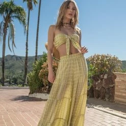 Illa Illa Tops The Leyla Lime Printed Bandeau And Wide Leg Pant Set