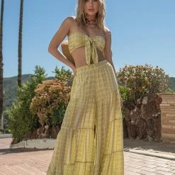 Illa Illa Tops The Leyla Lime Printed Bandeau And Wide Leg Pant Set
