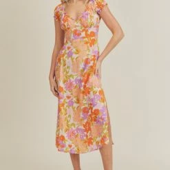 Lush Clothing The Amara Cream & Orange Floral Print Midi Dress