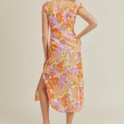 Lush Clothing The Amara Cream & Orange Floral Print Midi Dress