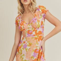 Lush Clothing The Amara Cream & Orange Floral Print Midi Dress