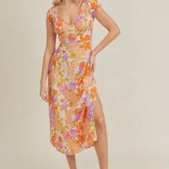 Lush Clothing The Amara Cream & Orange Floral Print Midi Dress