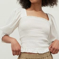 Grade & Gather Tops The Jessie White Smocked Square Neck Blouse