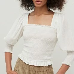 Grade & Gather Tops The Jessie White Smocked Square Neck Blouse