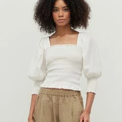 Grade & Gather Tops The Jessie White Smocked Square Neck Blouse
