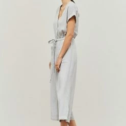 Grade & Gather The Maura Soft Gray Linen Tie Jumpsuit