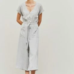 Grade & Gather The Maura Soft Gray Linen Tie Jumpsuit