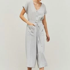 Grade & Gather The Maura Soft Gray Linen Tie Jumpsuit