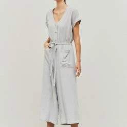 Grade & Gather The Maura Soft Gray Linen Tie Jumpsuit