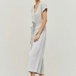 Grade & Gather The Maura Soft Gray Linen Tie Jumpsuit