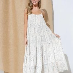Illa Illa The River Printed Taupe & Grey Tiered Maxi Dress Dresses