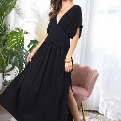 MIOU MUSE The Kara Black Kimono Maxi Dress